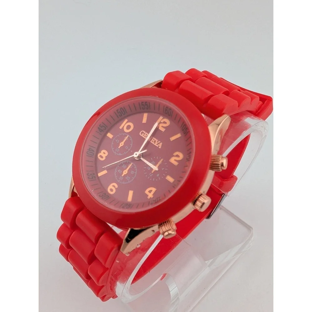 Geneva Watch Women 38mm Rose Gold‎ Case Red Silicone Band- New Battery